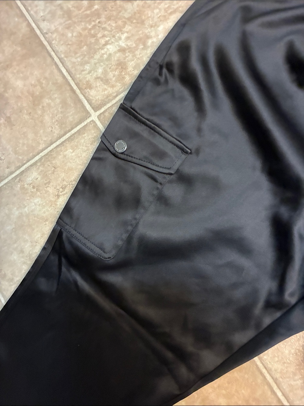 White House Black Market Black Satin Cargo Pants with Waist Tie tapered ankle - Picture 2 of 4